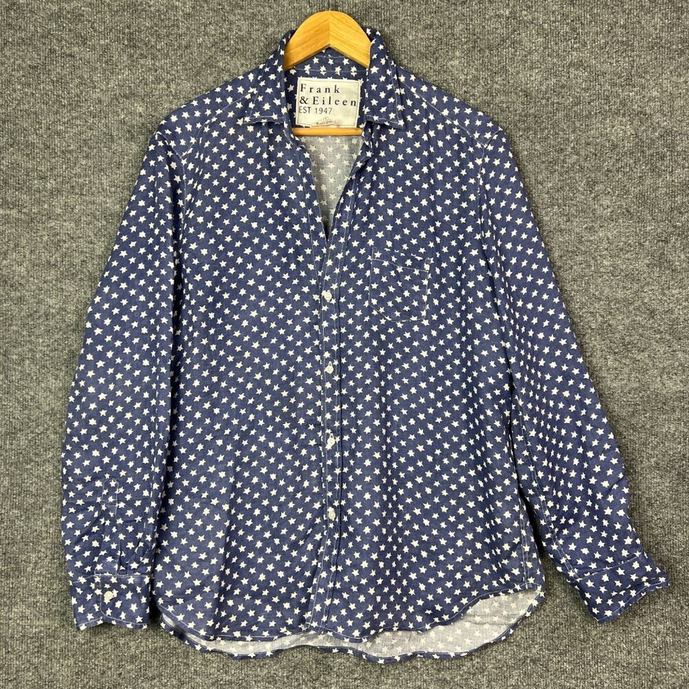 FRANK & EILEEN BLUE STARS LONG SLEEVES 100% LINEN SHIRT  WOMEN SZ Large
